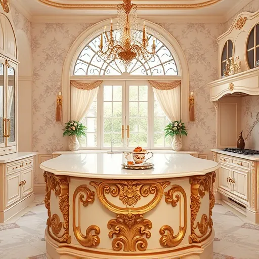 A luxurious Rococo-style kitchen island featured prominently at the center of a grand, baroque-inspired kitchen. The island boasts ornate, gilded carvings with swirling floral motifs, elaborate scrollwork, and a polished ivory marble countertop accented with delicate rose gold details. Elegant chandeliers with crystal pendants cast a warm glow over the space, highlighting a soft pastel palette of blush pinks, champagne golds, and powder blues that evoke refined decadence. Vintage-inspired cabinetry with lace-like patterns, shimmering brass handles, and intricate moldings complement the ornate wallpaper adorned with subtle Rococo scrolls and floral motifs. Playful touches include a tiny teacup perched on the marble surface and a vintage silver tray with dainty pastries and golden utensils, adding personality to the luxurious ambiance. Soft ambient light filters through a stained-glass arched window, illuminating the scene with a romantic glow, while delicate drapes with tassels frame the view. The combination of ornate Rococo details and modern touches creates an environment of opulent comfort, whimsical refinement, and inviting elegance, ideal for a sophisticated blog cover image.