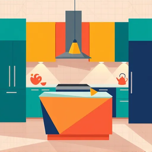 A vibrant, geometric abstraction illustration of a modern kitchen undergoing creative reconfiguration, featuring bold interlocking shapes such as triangles, rectangles, and polygons to outline a sleek kitchen space. The cabinets are depicted as overlapping trapezoids in deep teal, mustard yellow, and soft coral, creating a lively, harmonious palette. Curved, flowing lines in contrasting navy and terracotta represent countertops, suggesting movement and energy. Abstracted kitchen gadgets—a stylized whisk, spatula, and kettle—are playfully integrated as oversized icons within the composition, symbolizing culinary activity without realism. The central island appears as an angular, multi-faceted form with mosaic-like surface details, indicating space reorganization. The background includes a subtle geometric pattern resembling tiled walls in muted pastel tones, adding depth without distraction. Fragmented triangles in warm golden hues suggest light sources, casting abstract glows that convey innovation and freshness. Quirky details like tiny musical notes and sprinkles are subtly embedded, adding whimsy. The overall design emphasizes clarity, structure, and creative possibilities through crisp lines and contrasting, bold colors, capturing the theme of kitchen layout transformation with an energetic and optimistic abstract aesthetic.