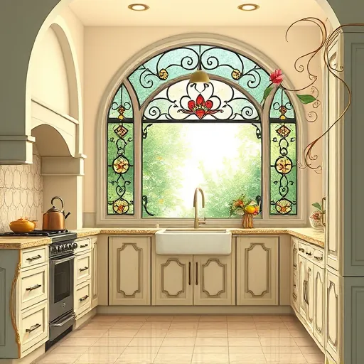 A detailed blog cover illustration showcasing an Art Nouveau-inspired kitchen remodeling design. The scene features a flowing, organic layout with intricate, nature-inspired lines, combining sleek modern appliances with ornate, decorative cabinetry. Soft arches frame the space, decorated with delicate floral motifs and intertwining tendrils that integrate with countertops and backsplashes. Elegant leaves and vines weave throughout, symbolizing renewal and transformation. The warm color palette includes muted sage greens, creamy beiges, and subtle gold accents, creating a calm and sophisticated atmosphere. A whimsical touch shows steam rising from a kettle, transforming into flowing floral patterns, adding playful elegance. Large arched windows with stained glass allow colorful light to fill the serene, garden-inspired backdrop, evoking growth and freshness. Decorative details like curl-fringed utensils, ornate fruit bowls, and patterned textiles add personality. The overall design inspires viewers to envision harmonious, beautiful, and functional kitchen renovations, all expressed through graceful, floral Art Nouveau lines and motifs.