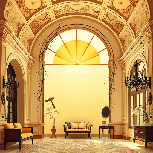 A detailed Art Nouveau-style illustration depicting the process of load-bearing wall removal in a historic interior. The scene features elegant architectural curves, intricate moldings, and ornate details that blend vintage craftsmanship with modern renovation themes. Organic motifs, such as delicate vines and floral patterns, intertwine with stylized beams and structural elements, symbolizing harmony between architecture and nature. A partially removed wall emits a radiant burst of golden light, representing transformation and openness. Decorative motifs of tools like hammers and chisels are subtly woven into the design, adding personality and artistic flair. The background showcases a spacious room with grand arches, decorative wrought iron fixtures, and vintage furniture, emphasizing renovation and restoration. Warm hues of amber, green, and blue create an inviting, optimistic atmosphere, while flowing organic lines characteristic of Art Nouveau enhance the overall elegance and fluidity of the image.