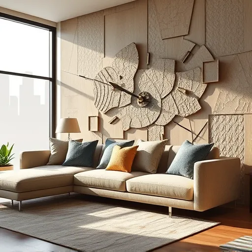 A luxurious modern living room featuring a sleek, minimalist sofa with textured cushions, positioned against an intricately carved art-brut style 3D wall panel. The panel showcases bold geometric patterns and raw, expressive textures that emphasize depth and tactile richness, enhanced by ambient lighting casting dynamic shadows. Subtle whimsical details include a vintage-inspired clock with exaggerated hands embedded into the panel design, complemented by bright accents in vibrant teal or gold woven into the textures, adding personality. The background reveals large abstract windows framing a loosely sketched cityscape, creating an urban, contemporary atmosphere. Rendered in ArtBrut style, the artwork exhibits raw brushstrokes, rough textures, and an intentionally unrefined finish that convey authenticity and emotional intensity. The color palette combines earthy neutrals—warm beiges and muted browns—with pops of jewel tones like emerald green and ruby red, highlighting opulence and artistic spontaneity. An exaggerated perspective enhances the sense of depth, capturing the creative fusion of luxury and artistic expression in high-end wall panel interior design.