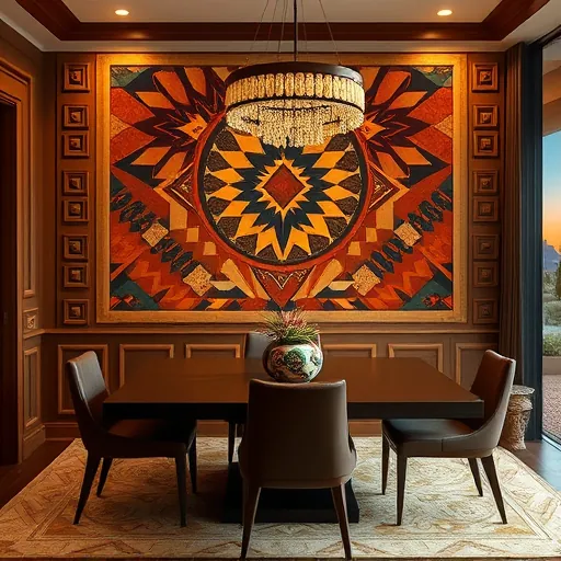 A luxurious dining room featuring an accent wall adorned with intricate Native American-inspired patterns, including geometric motifs, zigzags, and stylized organic shapes reminiscent of traditional textiles. The wall showcases rich earth tones such as deep terracotta, burnt sienna, and gold accents, creating a warm and opulent atmosphere. Surrounding the wall, elegant wooden paneling with carved details enhances the craftsmanship. Beneath, a sleek dining table with artisan-crafted chairs exemplifies modern sophistication. Native American motifs blend seamlessly with contemporary design, forming a harmonious fusion of tradition and modernity. Soft ambient lighting highlights the textured patterns and casts gentle shadows, evoking a calm and inviting mood. In the background, a desert landscape with distant mesas and cacti under a twilight sky adds depth and cultural context. Quirky details like a beaded chandelier and potted succulents with desert-inspired patterns introduce personality and playfulness. The overall ambiance is refined yet approachable, combining tribal artistry with modern elegance. The style, influenced by Native American Art, features bold lines, stylized forms, and symbolic motifs, capturing cultural richness with a contemporary, stylish appeal.