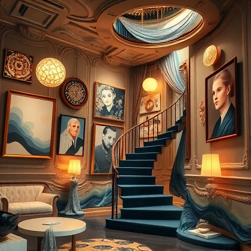 A surrealist art gallery interior featuring an opulent, expansive loft with walls that appear to breathe and ripple with fluid, velvet-like textures. The gallery showcases a variety of imaginative artworks, including glowing, floating orbs with intricate patterns and translucent canvases cascading onto the floor, blending realism with dreamlike fantasy. Whimsical sculptures of abstract shapes and elongated, melting portraits are displayed, subtly transforming into fantastical creatures and celestial motifs. The space is illuminated with soft, muted gold and deep velvety blue lighting, creating a luxurious and mysterious atmosphere highlighted by a faint shimmer. Quirky details such as levitating paintbrushes mid-stroke and a twisting, spiral staircase extending into the ceiling evoke endless artistic possibilities. Surreal lighting casts elongated, unpredictable shadows that enhance the otherworldly ambiance. The scene emphasizes the imaginative distortions and compositions characteristic of surrealism, with a rich jewel-toned palette conveying elegance, intrigue, and a playful, fantastical celebration of art and design.
