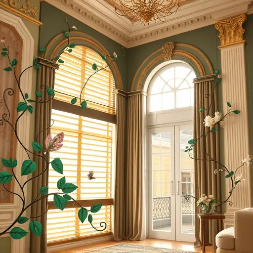 A luxurious scene featuring innovative automated window coverings with ArtNouveau-inspired floral and vine motifs intertwining around sleek, modern shades and drapes. The window treatments are adorned with flowing, organic curves and delicate ornamental details reminiscent of gilded wrought iron, blending classic elegance with contemporary technology. Soft tendrils of foliage curl around the blinds, symbolizing a harmonious fusion of nature-inspired design and automation. In the background, a grand, sunlit room with soaring ceilings, ornate molding, and warm, golden lighting showcases a rich color palette of deep emerald greens, soft blush pinks, and antique golds, creating an opulent, refined atmosphere. Playful elements include tiny butterflies perched on vines and stylized peacock feather patterns integrated into the fabric, adding personality and whimsy. The overall aesthetic emphasizes grace, harmony, and movement, combining timeless ArtNouveau artistry with modern luxury and innovation in window decoration.