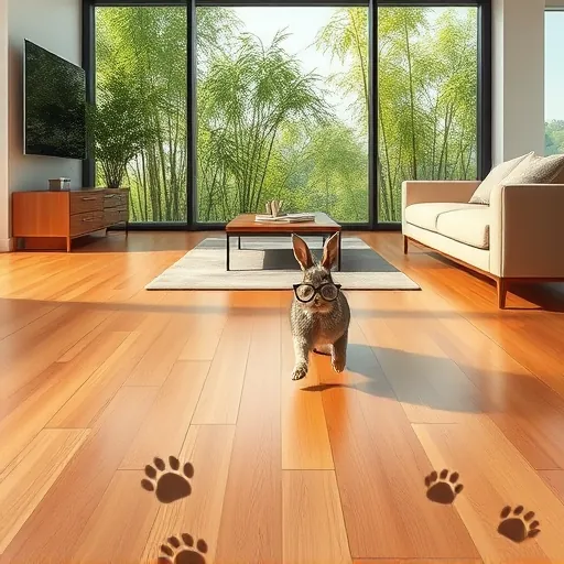 A modern interior featuring luxurious bamboo flooring with natural grain and warm, rich tones arranged in a seamless, eye-catching pattern. Minimalist furniture with clean lines and neutral colors sits atop the polished bamboo surface, reflecting soft light that highlights its smooth texture. Large floor-to-ceiling windows in the background reveal a lush green garden filled with vibrant foliage and bamboo stalks, creating indoor-outdoor harmony. A small rabbit wearing tiny round glasses hops playfully on the floor, leaving paw prints that mimic bamboo leaves, adding a whimsical touch. The space exudes a calm, sophisticated, and eco-conscious ambiance with subtle botanical decor in muted shades, enhancing the natural hues of the bamboo. The scene is depicted in a realistic 'SocialRealism' style, emphasizing genuine textures, truthful lighting, and detailed features, with a harmonious palette of earthy browns, soft greens, and muted neutrals that evoke comfort, understated luxury, and playful charm.