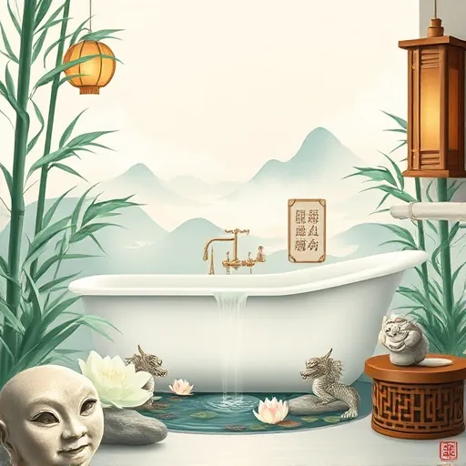 A serene and elegant luxury bathroom inspired by traditional Chinese brush painting, featuring soft ink strokes and delicate brushwork. The scene includes a clawfoot bathtub with intricate dragon-shaped faucet fixtures, surrounded by stylized bamboo stalks and lush foliage in muted emerald greens, creating a tranquil, Zen-like atmosphere. Wisps of mist enhance the feeling of cleanliness and calmness, while floating lotus blossoms adorn a small, ornate pond integrated into the design. Subtle accents of antique gold and soft jade add a touch of understated luxury. In the background, an abstract Chinese garden scene with distant mountains and softly painted clouds in light ink washes adds depth and serenity. Above, minimalist lantern-style fixtures cast a warm, diffused glow over smooth stone surfaces and wooden elements. Quirky details, such as a playful koi fish inspecting a polished mirror and a tiny stone Buddha statue among the plants, add charm and personality. Overall, the scene exudes calm sophistication, blending flowing ink brushwork with harmonious colors to showcase a luxurious, peaceful bathroom retreat inspired by traditional Chinese art.