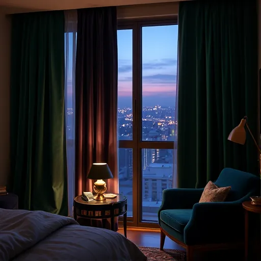 A hyperrealistic image of an opulent bedroom interior highlighting luxury blackout curtain solutions. The deep, velvety curtains in rich emerald green, midnight blue, or royal purple feature a subtle sheen, intricate pleats, and delicate embroidery, showcasing craftsmanship. These curtains gently cascade in elegant folds, with sunlight filtering through their edges, creating inviting light and shadow effects. Behind them, a modern window with minimalist framing offers a view of a dusk cityscape with twinkling lights, evoking a calming urban retreat. In the foreground, a stylish bedside table with a softly glowing vintage lamp adds warm ambiance, while surrounding elements include a plush velvet armchair with gold accents and a textured rug with intricate patterns, enhancing the scene’s sophistication. Playful details, such as a tiny plush toy or a vintage miniature typewriter on the windowsill, add personality without clutter. The overall color palette combines deep jewel tones, warm gold, and muted neutrals, conveying a sense of luxurious comfort and tranquility. The hyperrealistic art style emphasizes the tactile qualities of the fabrics and environment, making this an ideal visual for a blog cover about elegant blackout curtain solutions and bedroom window treatments.