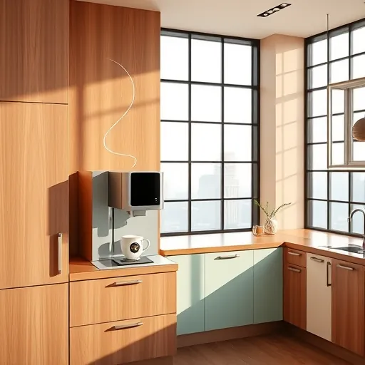 A modern, minimalist luxury built-in coffee station in a contemporary kitchen, designed in the Bauhaus style featuring clean geometric shapes and bold lines. The scene includes a sleek coffee machine integrated into warm-toned wooden cabinetry with pastel-colored panels in soft peach, muted teal, and gentle cream, creating a calm and sophisticated atmosphere. Playful details include a whimsical steam swirl rising from a coffee cup and abstract coffee beans as decorative elements on storage panels, adding character. The spacious kitchen showcases large grid-patterned windows with a sunlit cityscape background, emphasizing urban elegance. Light and shadows enhance the geometric design, with warm neutral and soft accent hues balancing form and function. This artistic yet functional coffee station combines luxury, simplicity, and creative charm, making it an ideal visual for showcasing stylish, contemporary kitchen design with a playful twist.