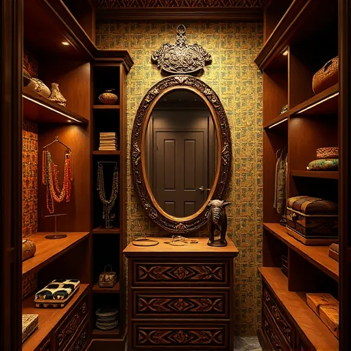 A luxurious closet interior inspired by Traditional African Art features intricate geometric patterns and bold, rhythmic motifs woven into the cabinetry and decorative accents. The space showcases rich hues of gold, burnt orange, vibrant teal, and earthy browns, creating a warm, opulent atmosphere. Open shelves display curated accessories such as beaded jewelry, woven baskets, and carved wooden boxes, all with culturally inspired detailed designs. The textured walls are adorned with traditional fabric patterns like kente or mudcloth motifs, blending seamlessly into the decor. An ornate mirror with an elaborate carved wooden frame reflects subtle shimmer, enhancing the sense of grandeur. Playful details include a carved wooden animal figurine, possibly a lion or elephant, symbolizing African wildlife and mythology, placed on a shelf. Soft amber ambient lighting bathes the scene, casting gentle shadows that highlight craftsmanship and vibrant materials. The overall mood exudes sophisticated elegance combined with vibrant, rhythmic energy, capturing the essence of traditional African art through detailed line work, symbolic patterns, and a dynamic color palette that blends tradition with contemporary luxury, making this space a captivating and culturally rich environment for personalization and style.
