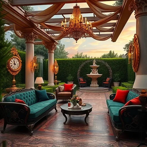 A luxurious outdoor lounge scene inspired by Baroque grandeur, set in a lush, expansive garden with meticulously trimmed green hedges. Ornate wrought-iron furniture with plush velvet cushions in deep emerald green, royal blue, and burgundy hues surround the space. Tall marble columns with gold accents support a grand pergola draped with flowing embroidered fabrics, creating a regal canopy. Elegant gold-framed mirrors and Baroque-style chandeliers hang from the pergola, casting warm, flickering light that accentuates the scene’s richness. The ground features a richly patterned mosaic tile floor embedded with shimmering gold leaf, adding an extra touch of opulence. Whimsical details include a gilded clock with exaggerated ornate hands, tiny cherub sculptures peeking from corners, and a decorative fountain featuring swirling sculptures of mythical creatures in the background. The scene exudes tranquility with a lively atmosphere, illuminated by warm golden hues that highlight intricate textures and luxurious materials characteristic of Baroque art. The sky above shows soft, billowy clouds tinged with the warm glow of sunset, creating a romantic, dreamy ambiance in this timeless, regal outdoor lounge with whimsical touches.