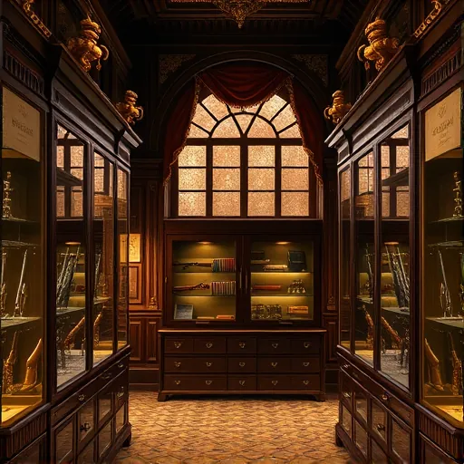 A luxurious custom gun room designed in the High Renaissance style, featuring towering dark wood cabinetry with ornate carvings and gold accents. The room showcases glass display cases housing intricately engraved firearms decorated with Renaissance jewelry-inspired embellishments. Elegant mosaic tile floors and rich velvet drapes frame tall arched windows, creating a regal atmosphere. Playful decorative finials atop the cabinets depict antique weapon-shaped sculptures resembling mythological creatures. The background reveals an aristocratic study with ornate bookshelves, vintage maps, and heraldic banners, emphasizing history and prestige. Warm, soft lighting highlights detailed craftsmanship, casting gentle shadows and evoking reverence. The composition combines realistic anatomical precision with a harmonious color palette of warm browns, deep reds, gleaming golds, and subtle pastels, blending timeless sophistication with whimsical refinement—perfect for a blog cover image emphasizing luxury, craftsmanship, and historical elegance.