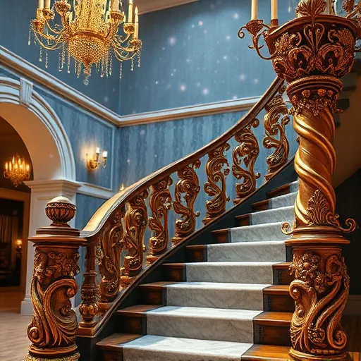 A luxurious blog cover image showcasing custom newel post design tips, rendered in a VisionaryArt style with a rich palette of golds, deep blues, and silvers. The scene features an ornate, gracefully winding staircase with oversized, intricately carved newel posts that incorporate twisting vines, shimmering embellishments, and mythical motifs. The carvings depict fantastical creatures, floral patterns, and geometric designs, highlighting expert craftsmanship and imaginative artistry. Delicate floating light particles add a mystical, dreamlike quality to the environment, which exudes regal elegance and whimsy. In the background, there are grand arches, surreal chandeliers, and hints of marble and velvet textures, all suggesting a luxurious mansion interior. The composition employs an exaggerated perspective and vibrant luminosity to evoke wonder, creativity, and sophistication, appealing to interior design enthusiasts seeking high-end, custom woodwork inspiration.