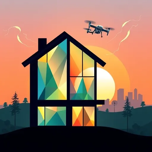 A modern, geometric-style illustration depicting a luxury, energy-efficient window installation guide. The scene features a stylized house facade with shimmering, reflective glass windows composed of interlocking polygonal facets in metallic golds, silvers, deep blues, and emerald greens, symbolizing eco-friendliness and solar energy efficiency. Surrounding the house are abstract, swirling waves and sharp rays representing airflow and sunlight penetration, emphasizing sustainable energy features. Playful elements include a tiny drone delivering a miniature windowpane and stylized lightning bolts merging into leaves, highlighting renewable power and eco-conscious innovation. The background showcases a minimalistic cityscape with geometric skyscrapers and trees, set against a gradient sky transitioning from dawn pinks and blues to sunset oranges, evoking optimism and progress. Overall, the illustration blends luxury with sustainability, combining sleek lines, bold colors, and modern design to promote eco-friendly, energy-saving window solutions in urban environments.
