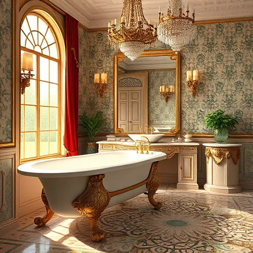 A luxurious Baroque-style bathroom featuring a grand marble clawfoot bathtub with gilded scroll legs, surrounded by ornate gold filigree accents and tall, arched windows diffusing warm golden sunlight. Behind the bathtub, an elaborately carved mirror with baroque floral motifs reflects flickering candle sconces, casting soft light. The walls are adorned with textured damask wallpaper in deep emerald and gold, complemented by deep burgundy velvet curtains. A polished marble countertop with intricate inlays holds vintage brass fixtures and an ornate vessel sink with detailed carvings, accompanied by lush potted greenery and porcelain jars. The intricate mosaic floor combines ivory, cobalt blue, and gold geometric patterns. Sculptural decorative elements such as cherubs and allegorical figures are integrated into architectural details, adding playful elegance. An elaborate chandelier with cascading crystal droplets hangs overhead, casting shimmering patterns across the room. In the background, classical busts and lush botanical arrangements on pedestal tables evoke timeless sophistication. The overall scene exudes refined luxury with a mix of grandeur and charming detail, featuring a color palette of deep golds, rich emerald greens, regal blues, and warm mahogany browns in an ornate, dramatic Baroque art style.