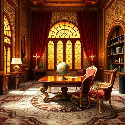 A luxurious high-end home office interior designed in Byzantine art style features a grand, opulent ambiance. The room showcases tall arched windows draped with rich gold and deep crimson velvet curtains, allowing warm ambient light to fill the space. Ornate gilded furniture, including an elaborate carved relief desk and high-backed silk-upholstered chairs, emphasizes elegance. The backdrop includes a majestic mosaic-style wall with intricate geometric patterns and stylized flora motifs reminiscent of Byzantine mosaics, evoking timeless sophistication. The marble flooring displays swirling patterns with brass accents and detailed inlays, enhancing the luxurious feel. A vintage globe with Byzantine-inspired embellishments sits atop the desk, adding worldly charm, while tiny gold-embellished statuettes of mythical creatures are subtly hidden among decorative elements for a playful touch. Soft, warm lighting from elaborately designed hanging lamps creates an inviting yet regal atmosphere. Background shelves display vintage books, scrolls, and Byzantine artifacts, blending scholarly elegance with luxury. The overall scene embodies calm confidence, where creativity meets executive power, rendered in detailed mosaic-inspired lines, luminous gold accents, and richly textured surfaces characteristic of Byzantine art. This sophisticated, timeless office design exudes a sense of decadent refinement, ideal for a blog cover on luxury home remodels and upscale office interiors.