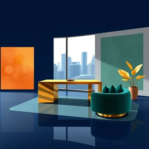 A vibrant and serene blog cover depicting a luxurious executive office remodel in the style of ColorFieldPainting. The scene features broad, sweeping expanses of rich navy blue, elegant gold accents, and soft muted greys, creating a sophisticated and calming atmosphere. Modern, minimalist furniture includes an oversized shimmering gold desk and plush cushions in deep emerald green, inviting comfort. Subtle reflections on glossy surfaces add depth, while large abstract shapes suggest expansive windows overlooking a cityscape, with warm amber and cool teal blocks evoking professionalism and creativity. Playful details include coral-colored geometric shapes emerging from the floor, symbolizing innovative ideas, and stylized abstract potted plants with exaggerated rounded leaves, adding life and personality. The overall scene feels calm, inspiring, and upscale, perfect for conveying expert tips on transforming office spaces into luxurious, functional environments with a focus on style and finesse. The art emphasizes flat color fields and minimal blending, creating a visually captivating and peaceful atmosphere.