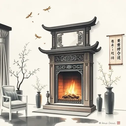 A serene Chinese brush painting depicting a luxurious, minimalist interior centered around an upgraded fireplace. The scene features a traditional, ornately carved fireplace with flowing motifs, set against softly textured ink washes that evoke classical Chinese art. Surrounding the fireplace are potted bamboo plants and hanging scrolls, blending natural serenity with refined craftsmanship. Playful, ink-shaped flames dance atop the hearth, while stylized cloud patterns swirl around, symbolizing warmth and comfort. Delicate dragonflies with wings shimmering in gold ink hover near the fireplace, adding a whimsical touch. The environment includes smooth, flowing furniture, silk curtains, and elegant vases rendered with fluid brushstrokes, all in muted earthy tones of grey, brown, gold, and crimson, conveying sophistication and warmth. The expressive brushwork emphasizes timeless artistry, celebrating refined home upgrades with harmony, elegance, and subtle luxury.