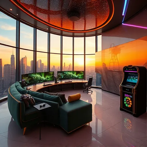 A hyperrealistic scene of a luxurious gaming room remodel featuring modern, opulent design elements. The expansive space has floor-to-ceiling windows displaying a vibrant cityscape at sunset, with warm golden lighting. The centerpiece includes a plush emerald green velvet sofa with gold trim, integrated with a state-of-the-art gaming console setup, inviting relaxation. Surrounding the sofa are multiple ultra-wide curved monitors showcasing vibrant, lifelike displays, reflected on polished marble flooring. Soft neon pink and cool blue lighting accents trace the walls, adding a playful yet sophisticated ambiance. A sleek gaming desk made of dark walnut wood with gold inlays features holographic touchscreens and hidden compartments, blending futuristic elegance with functionality. A ceiling-mounted high-tech projector projects dynamic constellation-like visuals onto the ceiling, creating an immersive cosmic effect. Quirky details include a floating robot assistant with blinking LED eyes on a pedestal and a vintage arcade-style jukebox with digital interfaces, blending nostalgia with modernity. The background showcases a large abstract mural resembling digital ripple effects in metallic silver and deep blue, enhancing the high-tech atmosphere. Subtle luxury touches include gold-trimmed controllers, velvet cushions, and mood-changing ambient lighting that shifts from cool to warm tones, creating an inviting yet energetic environment. Overall, the scene captures a stylish, upgraded gaming sanctuary that combines sophistication, personality, and advanced technology in a rich, warm color palette—evoking excitement and comfort.