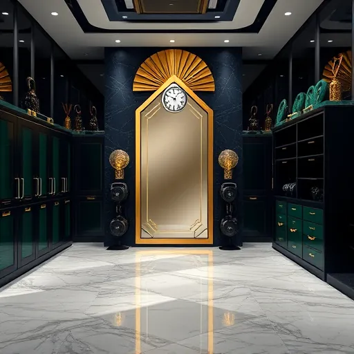 A luxurious gym interior rendered in refined Art Deco style, featuring bold lines, geometric patterns, and symmetrical composition. The scene showcases polished marble floors, shimmering gold accents, and rich hues of navy blue, emerald green, and champagne gold, creating an atmosphere of sophistication and opulence. Prominently displayed are elegant storage solutions, including cabinetry with fan-shaped doors, sunburst-inspired weight racks, and streamlined shelving units with emerald glass panels and brass details, combining style and functionality. Quirky design elements add personality, such as vintage chrome kettlebell-shaped clock and starburst or chevron-inspired handles, blending playful accents with luxury. A large, geometric mirror framed with intricate gold filigree reflects the lavish environment. The overall mood exudes calm elegance and glamour, inspiring ideas of high-end organization that seamlessly combines aesthetics and practicality in an upscale, timeless setting.