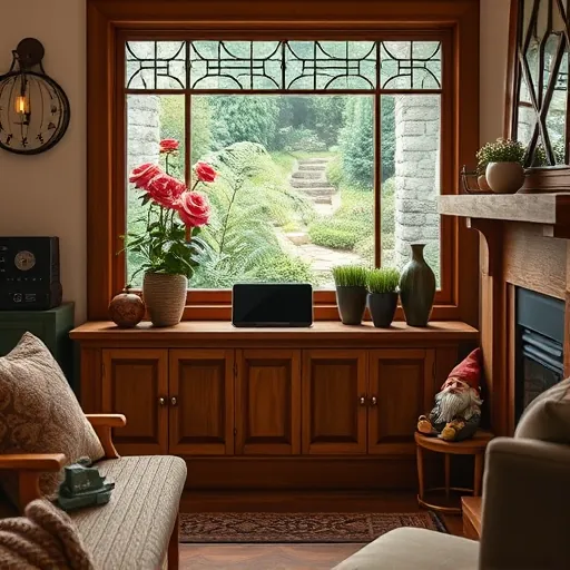 A cozy living room styled in the Arts and Crafts Movement aesthetic features a beautifully crafted wooden console with detailed joint work, seamlessly integrating modern smart home devices such as a minimalist tablet stand, vintage-style brass control panel, and subtly glowing LED indicators embedded within ornate woodwork. The space is decorated with woven textiles including tapestry cushions and a patterned throw, paired with handcrafted pottery and stained glass-inspired light fixtures casting a warm, inviting glow. In the background, a large window with leaded glass panes reveals a lush garden filled with blooming roses, ferns, and a stone pathway, illustrating harmony between nature and technology. Traditional elements like a vintage clock or a decorative fireplace with handcrafted tiles balance tradition and innovation. Playful details, such as a cheerful garden gnome holding a smart device and potted herbs labeled with handwritten tags, add personality and charm. The color palette features earthy tones of rich browns, warm terracotta, soft greens, and muted gold accents, evoking warmth, elegance, and artisanal craftsmanship. Overall, the scene highlights the seamless integration of cutting-edge smart home technology within a vintage-inspired environment, emphasizing a serene, sophisticated blend of modern luxury and handcrafted charm.