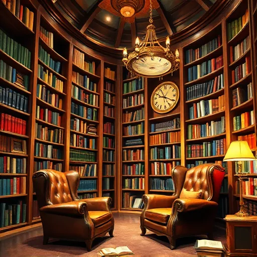 A vibrant, expressionist-style luxury home library featuring bold, sweeping brushstrokes and rich textures. The scene includes towering, ornate bookshelves with exaggerated curves and jagged edges, filled with jewel-toned book spines in emerald green, royal blue, and gold that shimmer against the distressed wooden panels. A vintage leather armchair with exaggerated curves is positioned in the corner, inviting quiet reflection. An oversized, playful clock with exaggerated hands hangs haphazardly on the wall. Dramatic lighting highlights streaks of gold and amber from a swirling, wax-drip chandelier, creating dynamic movement. The background showcases swirling abstract patterns reminiscent of clouds or energetic brushstrokes, while floating books and scattered pages with energetic scribbles evoke curiosity and creative inspiration. The overall atmosphere is lively and awe-inspiring, celebrating a personalized, artistic sanctuary for knowledge and imagination.