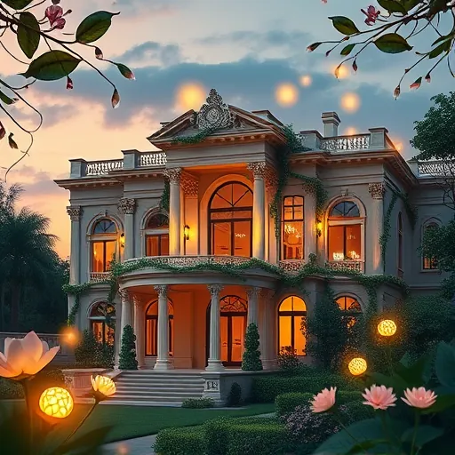 A stunning blog cover image depicting luxurious home renovation ideas, rendered in a rich Symbolism art style. The scene showcases an ornate mansion featuring a blend of classical and modern architecture, including intricate columns, flowing arches, and sleek glass walls. Floating around the mansion are symbolic objects such as delicate keys representing new beginnings, shimmering paintbrushes and architectural blueprints intertwined with vines signifying creativity and transformation. Architectural features are accented with elegant, oversized leaves and blooming flowers, symbolizing growth and renewal. Luminous, abstract geometric shapes convey innovation and sophistication, while a lush, dreamlike garden under a twilight sky sets a tranquil, inspiring backdrop. Soft glowing orbs add a touch of wonder and enlightenment. The color palette includes warm golds, deep emerald greens, and subtle indigos, emphasizing elegance and serenity. The overall composition balances detailed symbolic elements with a harmonious background, evoking themes of aspiration, craftsmanship, and limitless imagination—perfect for a blog cover focused on chic, cutting-edge home renovation ideas.