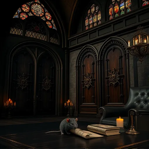 A Gothic-inspired interior scene featuring a luxurious, darkened mansion with intricately carved wooden safes embedded into stone walls, their aged, tarnished metal accents suggesting centuries of secrets. Decorative ironwork arches and stained-glass windows cast muted, colorful light patterns across the space, enhancing the mysterious and grand atmosphere. The environment showcases Gothic architectural details such as pointed arches, ribbed vaults, and ornate moldings, set against shadowy corridors illuminated by flickering candle sconces with warm amber glow. Small quirky elements include an overstuffed leather chair with a mischievous rat peeking out, alongside vintage keys and ancient scrolls scattered on a heavy wooden table. The overall mood is dark, elegant, and secretive, merging Gothic artistry with modern safe elements, highlighted by a color palette of deep blacks, rich browns, muted golds, crimson, and dark emerald. The composition balances grandeur with playful whimsy, perfect for a blog cover on discreet safe installation in high-end homes with Gothic sophistication and quirky charm.