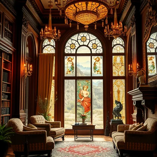 A luxurious Renaissance-style interior scene illustrating high-end soundproofing solutions within an opulent home. The setting features a grand library or lounge with rich, intricately carved wooden paneling, plush velvet drapes, and ornate chandeliers emitting warm, golden light. In the foreground, elaborately decorated soundproof panels designed to resemble tapestry or embroidered wall hangings incorporate delicate floral and heraldic motifs, seamlessly blending functionality with Renaissance elegance. Disguised acoustic barriers are integrated as decorative plasterwork or gilded frames that mimic Renaissance art. Decorative tassels, embroidered cushions, and luxurious draperies enhance the sophisticated ambiance, while whimsical details—such as a cherub-shaped speaker or a miniature lute wrapped in soundproofing material—add playful elements. The background showcases a large stained glass window depicting mythological scenes or peaceful landscapes, filtering soft, diffused light that highlights ornate ceiling moldings and strategically placed classical sculptures, emphasizing serenity and tranquility. The overall composition exudes a calm, regal atmosphere with rich textures, elaborate patterns, and a warm color palette of golds, reds, and earth tones. The scene combines timeless Renaissance beauty with advanced, discreet soundproofing technology, illustrating how luxury and acoustic excellence harmoniously coexist.