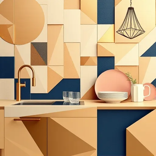 A vibrant and elegant digital illustration depicting a luxurious kitchen setting using geometric abstract shapes and patterns. The composition features overlapping transparent polygons and cubes in rich muted golds, deep navy blues, creamy whites, and subtle blush pinks, creating layered depth reminiscent of high-end finishes. Minimalist, geometric representations of kitchen elements such as sleek faucets, countertops, and angular cabinets are integrated seamlessly with decorative motifs like ornate plates, delicate glassware, and metallic accents, all rendered with sharp lines and crisp facets characteristic of Geometric Abstraction. The background showcases angular tiled mosaics with contrasting textures and shapes, including playful zigzag backsplash tiles and an abstract chandelier composed of overlapping triangles and circles. Tiny sparkles and irregular geometric patterns add personality and quirkiness to the scene. Overall, the artwork combines sophistication with creative flair, featuring a softly illuminated environment that emphasizes the rich color palette of warm golds, deep navy, and pastel accents, evoking modern luxury and inspiring contemporary kitchen design ideas.