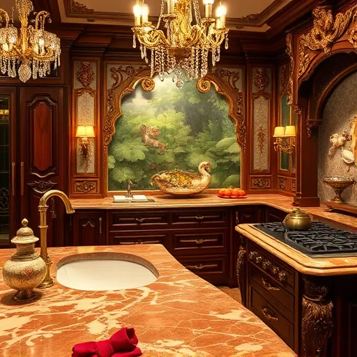 A luxurious Baroque-inspired kitchen featuring ornate, intricate detailing throughout. Gleaming marble countertops with swirling gold veining are complemented by elaborate brass fixtures showcasing fine craftsmanship. Rich, dark wood cabinetry carved with floral patterns and scrolling acanthus leaves frames the space, while grand chandeliers with cascading crystals hang overhead, casting warm, ambient light. Whimsical touches include a vintage teapot with an ornate handle and tiny decorative cherubs subtly integrated into the moldings. Polished surfaces reflect elegant Baroque motifs, and a detailed mural in the background depicts a mythic garden with mythical creatures amidst lush foliage. The color palette consists of soft, warm tones like deep burgundies, gilded golds, and rich mahogany, creating an atmosphere of lavish comfort with a playful, whimsical charm. The lighting highlights ornate textures and craftsmanship, blending timeless elegance with artistic fantasy in an opulent kitchen setting.