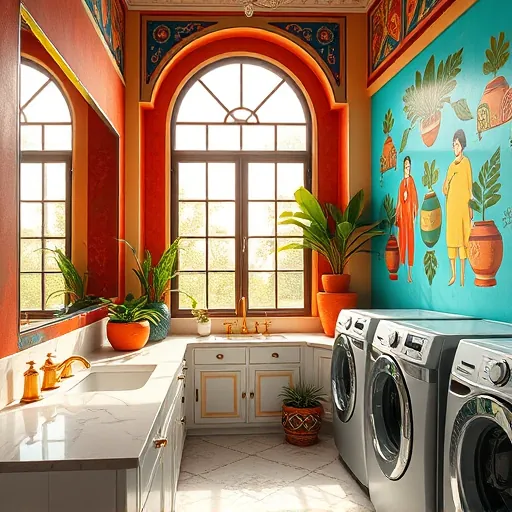 A vibrant mural scene depicting a luxurious laundry room remodel inspired by Mexican Muralism. The mural features grand, stylized geometric patterns and bold shapes, including sweeping arches and intricate motifs that reflect traditional Mexican artistry. The foreground showcases a modern laundry area with shimmering marble countertops, gleaming gold fixtures, and colorful oversized clay pots filled with lush greenery, adding earthy warmth. Artistic renditions of indigenous motifs and decorative elements seamlessly blend with contemporary appliances, merging old-world craftsmanship with modern design. A large, sunlit window framed by ornate wrought-iron details casts inviting light across the space. The turquoise wall is decorated with playful, abstract murals of laundry symbols and folding icons with exaggerated, lively expressions, giving the scene a fun and quirky personality. The color palette features rich reds, vibrant blues, lively yellows, and warm terracotta tones, evoking energy and warmth, accented with leafy greens and metallic touches to suggest luxury. The overall mood is lively and inspiring, showcasing a bold, creative transformation of a mundane space into a culturally rich, artistic laundry sanctuary. Soft shadows and textured painterly brushstrokes characteristic of Mexican Muralism add depth and vibrancy to the scene.