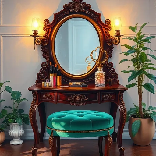 A vibrant Impressionist-style image of a luxurious makeup vanity featuring a dark wooden, intricately carved table with warm lighting from vintage brass sconces. An oval mirror with delicate swirling patterns reflects a curated display of shimmering makeup palettes, elegant brushes in a crystal jar, and whimsical details like colorful perfume bottles shaped like animals and tiny fairy lights around the frame. A plush emerald velvet stool sits beneath the vanity, with cushions suggesting comfort and opulence. The softly textured pastel-colored wall in the background, adorned with lush potted plants and fairy lights, creates a dreamy, glamorous atmosphere. The scene showcases lively, textured brushstrokes capturing the playful interplay of light on glossy surfaces, highlighting the shimmer of makeup, and featuring warm golds, soft pinks, calming greens, and gentle creams in the color palette. Small charming details, such as vintage lipstick tubes with playful patterns and decorative hand mirrors, add personality, blending high-end sophistication with whimsy—ideal for a beauty, elegance, and luxury blog cover.