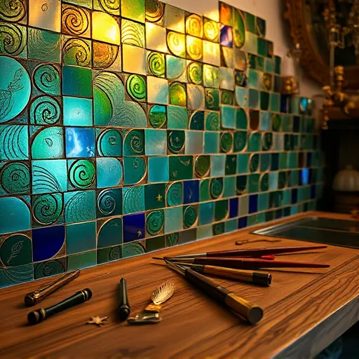 A luxurious metallic tile backsplash installation featuring an intricate mosaic of shimmering, iridescent tiles reflecting soft light. The tiles display swirling, organic patterns inspired by natural forms, with a rich color palette of emerald greens, royal blues, and accents of gold and copper, creating an elegant and vibrant ambiance. The scene is set in a vintage artisan's workspace with delicate tools like fine brushes and tiny chisels carefully arranged on a wooden workbench, highlighting craftsmanship and attention to detail. In the background, a rustic yet refined kitchen features antique brass fixtures and an ornate, floral-engraved mirror that enhances the scene's elegance. Hidden motifs—such as tiny winged angels, whimsical leaves, and subtle stars—are etched into some tiles, adding playful secrets and personality to the design. Soft, warm lighting emphasizes the metallic sheen, creating a calm, inspiring mood that celebrates artistry and luxury. The art style draws inspiration from the Pre-Raphaelite Brotherhood, characterized by meticulous detail, luminous colors, and a dreamlike, naturalistic quality, elevating the scene into a timeless work of art filled with intricate decorative elements and poetic elegance.