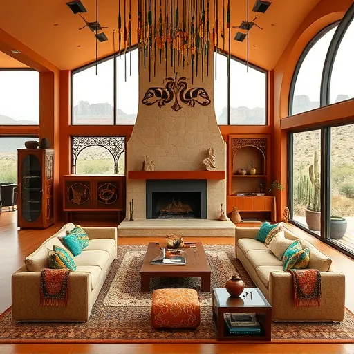 A luxurious open-concept living room undergoing a sophisticated remodel, styled with intricate Native American art motifs. The space features flowing lines and woven patterns integrated into modern, sleek furniture with exaggerated, curved shapes inspired by traditional beadwork and pottery. Rich earth tones such as terracotta, warm ochres, deep browns, and vibrant turquoise dominate the scene, creating warmth and elegance. Decorative elements include carved wooden screens, woven textiles, and strings of colorful beads and feathers hanging from the ceiling, adding festive and cultural accents. An oversized, stylized fireplace with detailed carvings anchors the room, framed by large arched windows that reveal a serene desert landscape with cacti and mesas. Playful, abstract animal figures resembling foxes or hummingbirds, composed of geometric shapes, are subtly embedded into the design, adding whimsy. The overall ambiance blends luxury with traditional Native American symbolism, highlighting textured surfaces, bold storytelling patterns, and a harmonious color palette that invites viewers into a vibrant, culturally inspired living space.