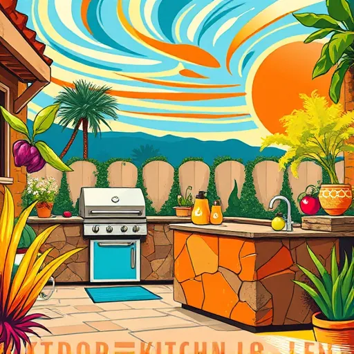 An ArtBrut-style illustration of an upscale outdoor kitchen scene featuring bold, raw lines and thick, textured brushstrokes. The vibrant setting showcases a spacious patio with a modern, rustic kitchen counter made of chunky materials, decorated with oversized, vividly colored cooking utensils and appliances with exaggerated proportions. The grill and countertop are painted in warm earth tones like terracotta reds, deep browns, and sunny yellows, contrasted by playful turquoise and lime green accessories. Surrounding the scene are wild, expressive foliage and flowering plants depicted with unrefined green strokes, with whimsical, oversized vegetables and herbs sprouting in unexpected directions. The background features a stylized sky in swirling blues and sunset oranges, evoking a warm outdoor gathering atmosphere. Quirky details include a towering cartoonish pizza oven and a whimsical sink with bubbling water, adding personality. The composition reflects uninhibited creativity and confidence, emphasizing the fun and practicality of designing a luxurious outdoor kitchen with raw, primal ArtBrut energy that invites viewers to imagine their own bold culinary retreat.