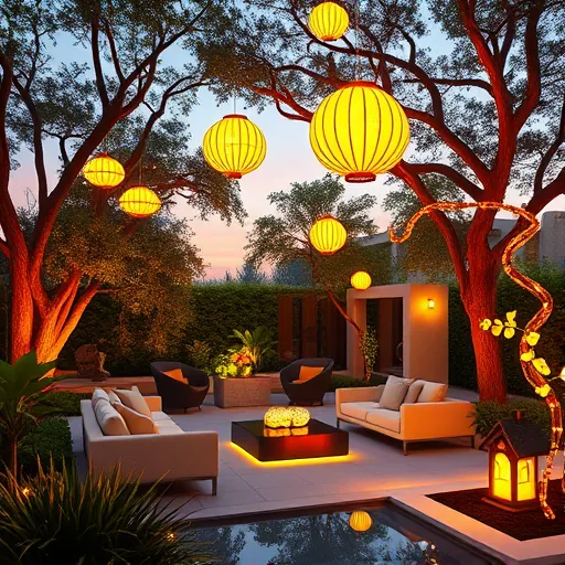 A detailed conceptual art scene of an elegant outdoor lounge set in a lush garden. The modern patio features sleek, minimalist furniture adorned with cozy cushions and throw blankets. Artistic, whimsical lighting fixtures illuminate the space, including floating luminous jellyfish-like orbs, delicate flower-shaped lanterns, and sculptural string lights resembling glowing vines. Soft warm glows cast playful shadows, creating an inviting atmosphere that blends natural elements with sophisticated design. Tall leafy trees intertwined with the lighting add a harmonious touch, while a serene sunset sky in pastel pinks, oranges, and twilight blues enhances the scene's warmth. Quirky details such as floating fireflies, shimmering reflections on a water feature, and a softly glowing ornate birdhouse enrich the ambiance. The scene exudes calm, sophisticated elegance mixed with playful magic, highlighting innovative outdoor lighting design in vibrant, harmonious colors of amber, soft yellows, muted greens, and cool blues.