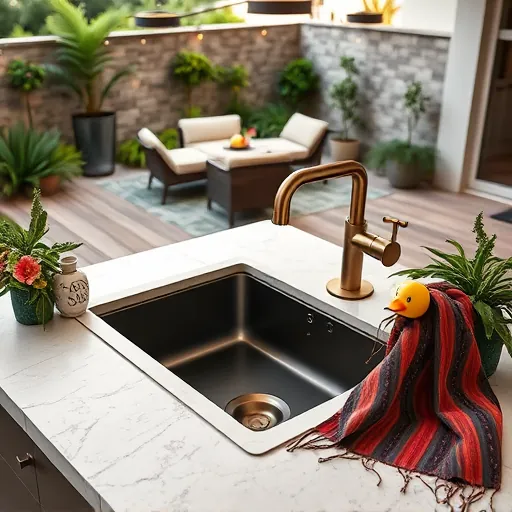 A photorealistic outdoor sink setup integrated into an elegant modern patio. The scene features a polished stone countertop with subtle veining, housing a minimalist matte-black or brushed brass undermount sink. Surrounding the sink are lush green plants and vibrant potted flowers spilling over the edges, adding freshness and contrast. In the background, a stylish outdoor patio with textured stone or wooden decking extends into a serene garden, furnished with contemporary outdoor furniture and soft string lights creating a warm, inviting glow. Crystal-clear water flows gently from an eco-friendly faucet, highlighting quality and sophistication. A playful ceramic duck or decorative soap dispenser adds charm, while neatly arranged cleaning tools discreetly hint at practicality. A colorful patterned outdoor towel drapes casually nearby, enhancing the scene’s personality. The lighting is soft and natural, evoking a calm, refined atmosphere ideal for outdoor entertaining. The vibrant colors and rich textures emphasize high-end outdoor sink design and landscaping elements.