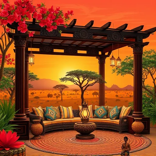 A luxurious outdoor scene featuring a beautifully crafted pergola made from dark mahogany wood with elaborate carvings inspired by traditional African motifs, including geometric patterns, stylized animals, and swirling designs. The setting is surrounded by vibrant African flora, such as tall acacia trees with patterned branches, cascading red and orange bougainvillea, and exotic plants like birds of paradise, all depicted in bold, stylized shapes. In the background, a golden savannah sunset with silhouettes of distant mountains and a fiery sky painted in reds, oranges, and purples creates a warm, grand atmosphere. Beneath the pergola, a cozy seating area is arranged with intricately woven African mats, colorful cushions with traditional prints, and decorative elements like an ornate brass African head lamp, hanging lanterns made from beads and woven baskets, an ornate carved drum, and a small figure of an African storyteller on a stool. The scene blends cultural richness with luxurious sophistication through bold lines, intricate patterns, and a vibrant earthy color palette of reds, ochres, blues, and greens, embodying an inviting, culturally resonant outdoor luxury space inspired by traditional African art styles.