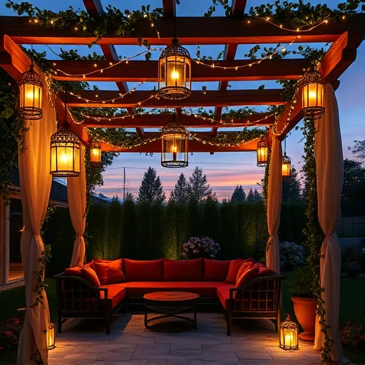 A stunning blog cover image depicting a luxurious garden pergola at twilight, illuminated by intricate romantic lighting. The sturdy, ornate wooden beams of the pergola are decorated with delicate fairy lights intertwined with flowering vines, creating a whimsical and elegant ambiance. Hanging at varying heights are softly glowing glass lanterns that cast warm pools of light across textured stone tiles beneath a plush seating area adorned with deep jewel-toned velvet cushions. Flowing, sheer drapes sway gently in the breeze, adding softness and movement to the scene. Vintage-inspired brass sconces with filigree designs emit a mellow amber glow, complementing the ambient lighting. Playful paper lanterns shaped like stars and moons hang subtly from the beams, evoking a magical evening setting, while flickering candles add coziness and intimacy. The background showcases a twilight sky blending deep indigo and blush pink hues, with distant silhouettes of trees and flowering shrubs framing the scene. This image exudes calm sophistication with fairy-tale charm, rendered in a detailed, vibrant style inspired by the Pre-Raphaelite Brotherhood, featuring rich textures and harmonious colors such as deep greens, warm golds, and soft pastels, inspiring viewers to envision their own tranquil outdoor sanctuary.