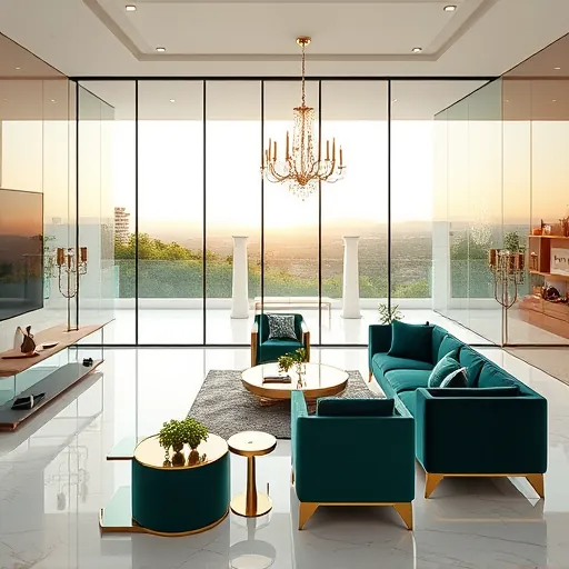 A stunning modern interior featuring luxury pivoting glass walls with floor-to-ceiling glass panels that seamlessly open to reveal an opulent living space filled with warm natural light. The design showcases white marble flooring accented with subtle gold details, plush velvet furniture in rich emerald and deep navy tones, and artistic reflections on the glass surfaces. whimsical touches include tiny plants on glass shelves, abstract patterns etched into the glass panels, and a vintage-inspired chandelier casting a soft glow. The background offers a panoramic view of lush gardens or distant cityscapes through transparent walls, highlighting openness and a connection to nature. The scene embodies sophisticated elegance combined with playful elements, presented in a vibrant, harmonious color palette of white, gold, green, and blue, with surreal textures that elevate the aesthetic. Overall, it exudes tranquil luxury, modern innovation, and whimsical charm, emphasizing the possibilities of contemporary high-end living with flexible, stylish glass wall ideas.