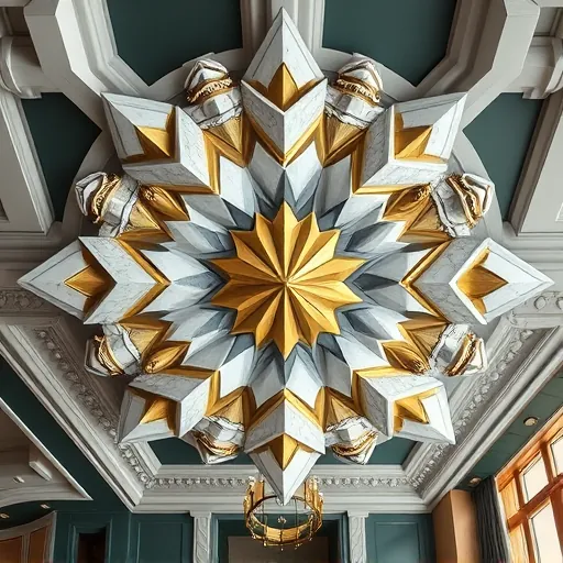 A detailed cubist art interpretation of a luxury plaster ceiling medallion installation featuring geometric shapes and fragmented forms. The medallion is reimagined as a mosaic of angular facets—triangles, squares, and polygons—with polished marble-like textures that convey opulence. Surrounding architectural elements include sharp, angular beams and fragmented moldings rendered in a sophisticated palette of deep golds, icy silvers, and rich alabaster whites, evoking grandeur and elegance. The modern interior background showcases stylized, cubist-inspired chandeliers and ornate details set against muted teal and charcoal tones, creating a calm and regal atmosphere. Quirky features such as floating geometric diamonds, tessellated ripple patterns, and reflective facets add a whimsical touch of shimmering luxury. The overall composition emphasizes layered depth, angular lines, and textures, blending timeless opulence with contemporary artistic flair in a polished, professional style.