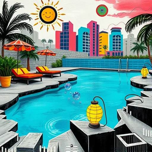A vibrant ArtBrut-style depiction of luxury pool renovation ideas featuring bold, raw textures and expressive brushstrokes. The scene showcases a sprawling, newly renovated pool with shimmering, deep turquoise water reflecting a surreal glow, contrasted by jagged, exaggerated concrete edges painted with thick black and white strokes. Surrounding the pool are whimsical elements like oversized, stylized tiles, abstract potted plants with exaggerated leaves, and quirky floating lanterns with bold shapes, adding a playful touch. A rustic yet opulent poolside lounge area includes irregularly shaped sunbeds in bright red and yellow, topped with striped umbrellas that sway as if in a breeze, evoking a relaxed atmosphere. In the background, a stylized skyline with abstract, towering buildings in vivid colors—hot pink, lime green, and electric blue—conveys an energetic modern vibe. Exaggerated palm trees with swirling fronds frame the scene, while a smiling sun wearing sunglasses hangs overhead and abstract bubbles with swirling patterns rise from the water, adding whimsical details. The overall composition radiates lively, chaotic yet luxurious energy, inspiring innovative ideas for upscale pool renovations in an expressive, playful art style characterized by rich aquas, vivid reds and yellows, and contrasting black and white accents.