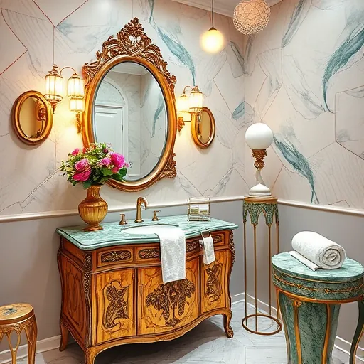 A luxurious powder room featuring shimmering gold and deep emerald marble surfaces that exude opulence and sophistication. An elegant, vintage-inspired freestanding vanity with intricate carvings is topped with an iridescent marble countertop. A large, ornate mirror with a whimsical frame reflects soft, ambient lighting from Art Nouveau-style wall sconces, creating a warm, inviting glow. Quirky accents include a sculptural vase with exaggerated floral arrangements in vibrant colors and a multi-tiered soap dispenser resembling a miniature fountain. The textured wall in the background combines geometric and organic patterns in calming pastel gradients, enhancing the surreal and dreamlike ambiance. A plush, sculptural towel drapes over a designer stand, adding playful elegance. Floating above are softly glowing orbs and abstract patterns that evoke inspiration and creative potential. The scene blends rich metallics, jewel tones, and subtle pastels to showcase a visionary, stylish reinterpretation of traditional luxury, inspiring innovative ideas for powder room design.