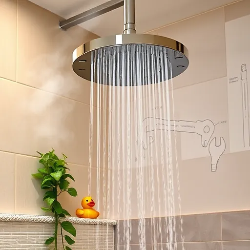 A modern, high-end bathroom featuring a sleek chrome rain shower head with water cascading in gentle sheets, highlighting a luxurious shower experience. The shower head is mounted above, with subtle steam rising around it to suggest warmth and comfort. Surrounding the shower area are minimalist tiles, some with textured patterns, and a lush green plant adds a natural touch. In the background, faint outlines of plumbing diagrams and installation tools like wrenches and hoses are integrated into the wall design, providing a behind-the-scenes feel of DIY shower installation. The scene is illuminated with warm, muted tones—soft beiges, browns, and cool grays—creating an inviting yet professional atmosphere. Small playful details include a tiny rubber duck on the tiled ledge and a glinting screwdriver reflected in the chrome shower head, adding personality and approachability. The realistic textures, lighting, and subtle playful elements make this image perfect for a blog cover about DIY bathroom upgrades and shower installation tips.