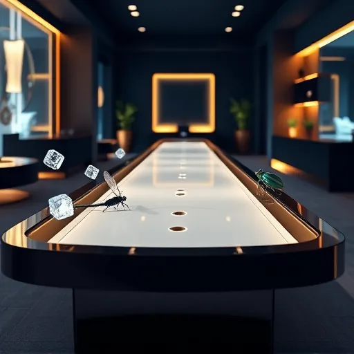 A sleek, modern shuffleboard installation guide illustrated in the style of Conceptual Art, featuring an elegant scene that embodies luxury and precision. At the center is a minimalist, shimmering shuffleboard table with intricate, glowing details indicative of high-end craftsmanship, set within a sophisticated game room illuminated by soft, ambient lighting. Surrounding the table are abstract, floating geometric shapes resembling ice crystals or glass panes, symbolizing clarity and accuracy, and reflecting the environment’s opulence. Playful, stylized insects—a polished dragonfly and a small glossy beetle—perch on the edges of the table, adding a whimsical touch to the refined setting. The background showcases a rich palette of deep navy, accented with gold and hints of emerald green, creating a luxurious yet calming atmosphere. Delicate light rays highlight the tools and materials involved in the installation process, emphasizing craftsmanship and attention to detail. The environment combines a futuristic and timeless aesthetic, exuding high-end exclusivity suited for enthusiasts who value precision and elegance. Overall, the composition balances technical clarity with artistic flair, making it both inspiring and approachable for viewers interested in premium shuffleboard experiences.