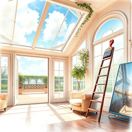 A tranquil and sophisticated scene illustrating a luxury skylight installation guide, rendered in soft, textured Impressionist brushstrokes. The image showcases a spacious, sun-drenched interior with tall, ornate windows and a partially open skylight revealing a bright blue sky dotted with fluffy clouds. Warm sunlight illuminates polished wooden floors and plush vintage furniture. Delicate ivy tendrils curl around the skylight frame, hinting at lush greenery outside, creating a seamless indoor-outdoor connection. Subtle reflections enhance the craftsmanship and high-quality materials used. In the corner, a whimsical detail features a small ladder leaning against the skylight frame, topped with an oversized paintbrush, adding playful character. The scene is dominated by pastel hues—cool blues, warm creams, soft pinks, and moss green—evoking calmness and elegance. Large windows in the background reveal a tranquil garden terrace filled with blooming flowers and fluttering butterflies, reinforcing the theme of nature and opulence indoors. Overall, the image exudes a refined, inviting atmosphere that showcases the artistry and expertise involved in luxury skylight installation, blending creativity with craftsmanship.