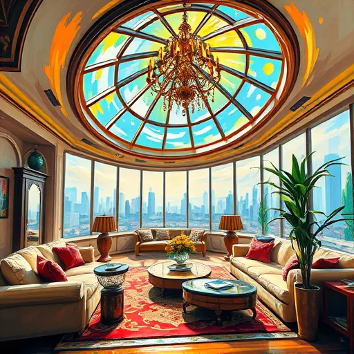 A vibrant neo-expressionist depiction of an opulent living room illuminated by a grand, surreal skylight. The scene features bold, swirling brushstrokes and contrasting vibrant colors such as deep blues, rich golds, emerald greens, and fiery reds, capturing dynamic light streaming into the space. The exaggerated skylight, resembling a swirling vortex of glass panels with ornate framing, showcases craftsmanship and luxury, with playful reflections and abstract geometric patterns bouncing across the room. Expressively rendered furniture includes plush sofas and elegant coffee tables, with exaggerated textures and flamboyant accessories that convey sophistication. Quirky details such as a whimsical, shimmering chandelier with exaggerated crystals and a cartoonish potted plant with swaying leaves add lively, humorous touches. The background reveals an abstract cityscape through the skylight, painted with swirling lines and energetic brushwork, blending urban elegance with dreamy artistry. The overall mood is vibrant, inspiring, and creative, emphasizing bold movement and artistic vitality that reflect expert skylight installation and innovative interior design.