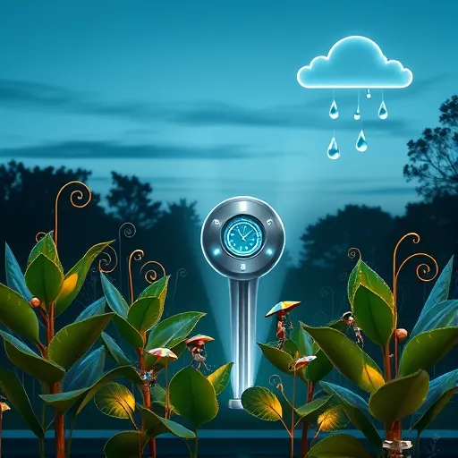 A futuristic garden scene showcasing luxury smart irrigation system upgrades, featuring a sleek, modern water management hub adorned with glowing digital interfaces and ornate, stylized pipes resembling jewelry. The lush, meticulously maintained plants have glossy leaves that reflect subtle light, interconnected by delicate tendrils symbolizing flow and connectivity. Tiny iridescent water droplets hover mid-air, indicating precise watering. In the background, a twilight sky with deep blues, muted silvers, and hints of gold creates a calming atmosphere. Stylized rays of light emanate from the hub, illuminating the garden with a sacred ambiance, emphasizing harmony between technology and nature. Whimsical details include metallic fairies or sprites with tiny umbrellas tending to the plants and an elegant rain cloud with a clock face representing automation and timing. The scene employs symbolic shapes like sharp triangles for turbines and smooth curves for water flow, using a color palette that evokes calm, opulence, and intelligent eco-luxury. Overall, the image reflects refined sophistication, innovative design, and the seamless integration of technology with nature in a visually enchanting and contemplative smart garden environment.