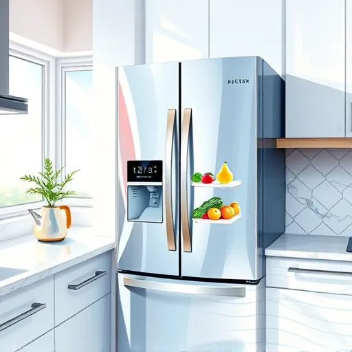 An impressionist-style digital painting of a sleek, modern luxury smart refrigerator in a contemporary kitchen. The glossy, reflective surface of the fridge is the focal point, with slightly open doors revealing softly glowing digital displays and colorful, neatly organized fresh produce inside, highlighting advanced technology. The surrounding kitchen features lively brushstrokes of pastel blues, soft whites, and warm golds, creating a sophisticated yet inviting atmosphere. Quirky details include a tiny potted herb plant atop the fridge and a whimsical, abstract kettle with swirling steam patterns, adding personality. The background showcases a marble countertop and a textured backsplash with geometric tile patterns, rendered with loose brushstrokes that evoke depth and movement. Natural light streams through a large window, filling the scene with a calm, inspiring glow. The overall mood blends innovation and coziness, emphasizing the seamless fusion of high-tech appliances and refined design with a soft, dreamy impressionist style perfect for depicting smart luxury home renovations.
