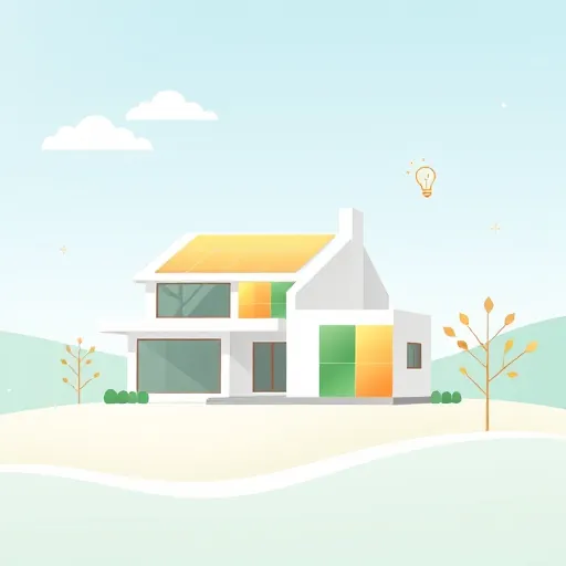 A sleek, minimalist illustration of luxury solar panels seamlessly integrated into modern residential architecture. The contemporary home features clean lines and smooth surfaces, with streamlined, geometric solar panels that resemble elegant tiles instead of traditional photovoltaic modules. These panels have a matte gold and pastel green color palette, evoking sophistication and eco-conscious luxury. The scene includes a simplified landscape with gently curved lawns and an abstract tree with thin, gold-foil leaves, adding a whimsical touch. The background displays a gradient sky blending cool blue and soft blush pink, suggesting calmness and innovation. Playful details include tiny clouds shaped like dollar signs and minimalist icons of a light bulb and leaf, symbolizing energy efficiency and sustainability. The overall design emphasizes innovative, eco-luxury living with a professional yet approachable tone, using clean shapes and ample negative space to highlight the harmony between high-end design and sustainable technology, ideal for a blog cover on luxury solar integration for homes.
